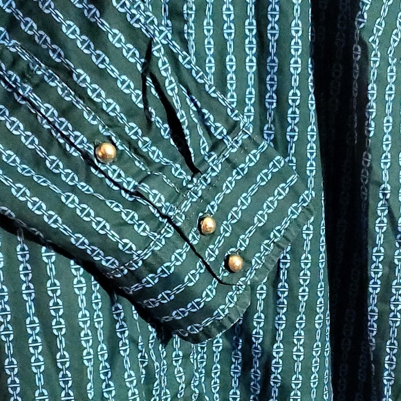 TOMMY HILFIGER SHIRT DRESS. WOMENS Sz:L GOLD BUTTONS GREEN/TEAL/BLUE CHAINLINK - Picture 4 of 10